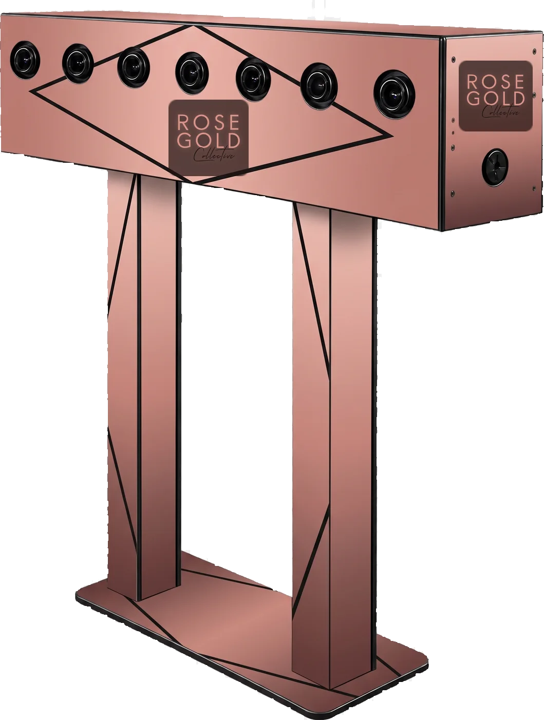 Array multi-camera gantry with seven camera lenses across the top beam, shown in a Rose Gold Collective  custom wrap