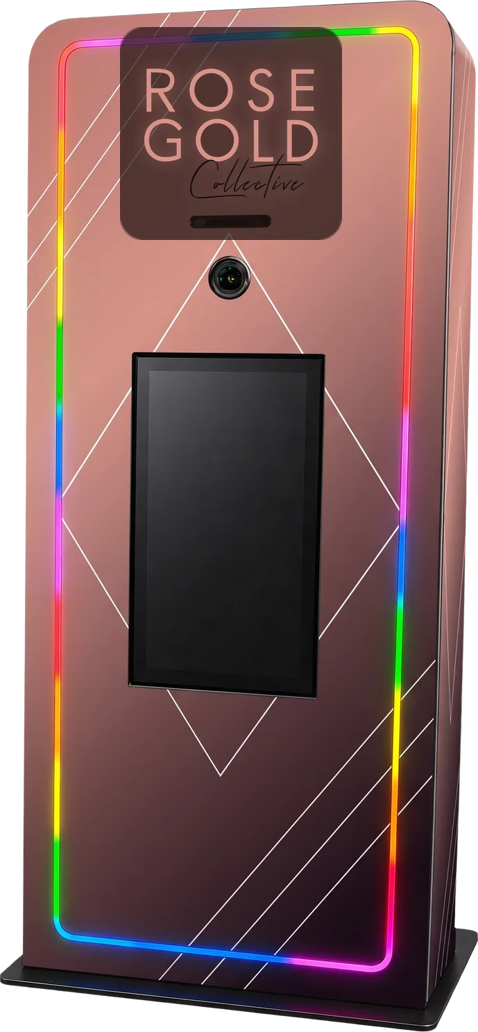 Elevated Kiosk with LED edge lighting, large touch screen, and integrated printer, shown in a Rose Gold Collective  custom wrap