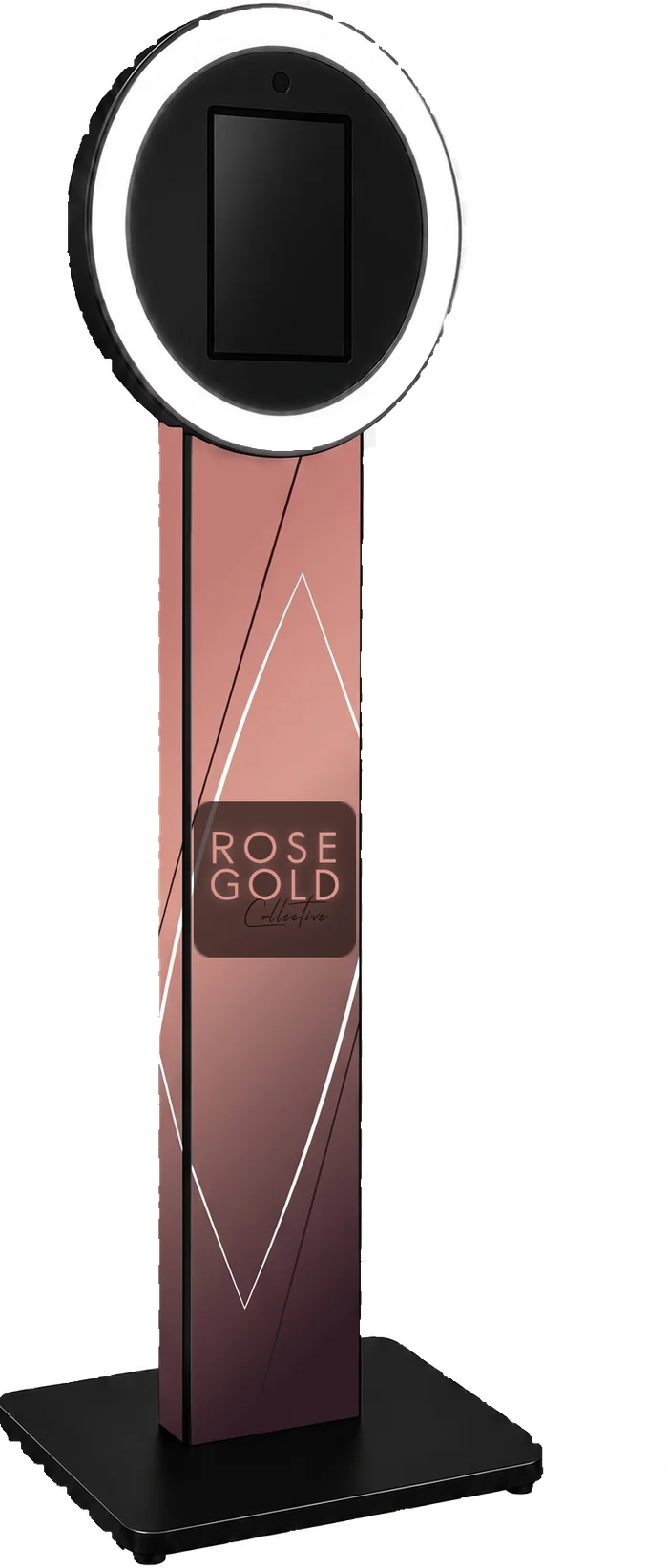 Selfie Station kiosk with halo ring light, shown in a Rose Gold Collective  custom wrap