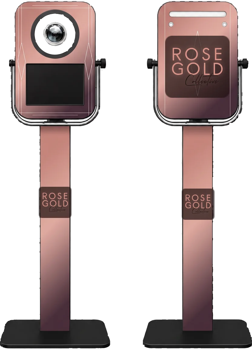 PRO booth, front and back, with adjustable tilting head unit, shown in a Rose Gold Collective  custom wrap